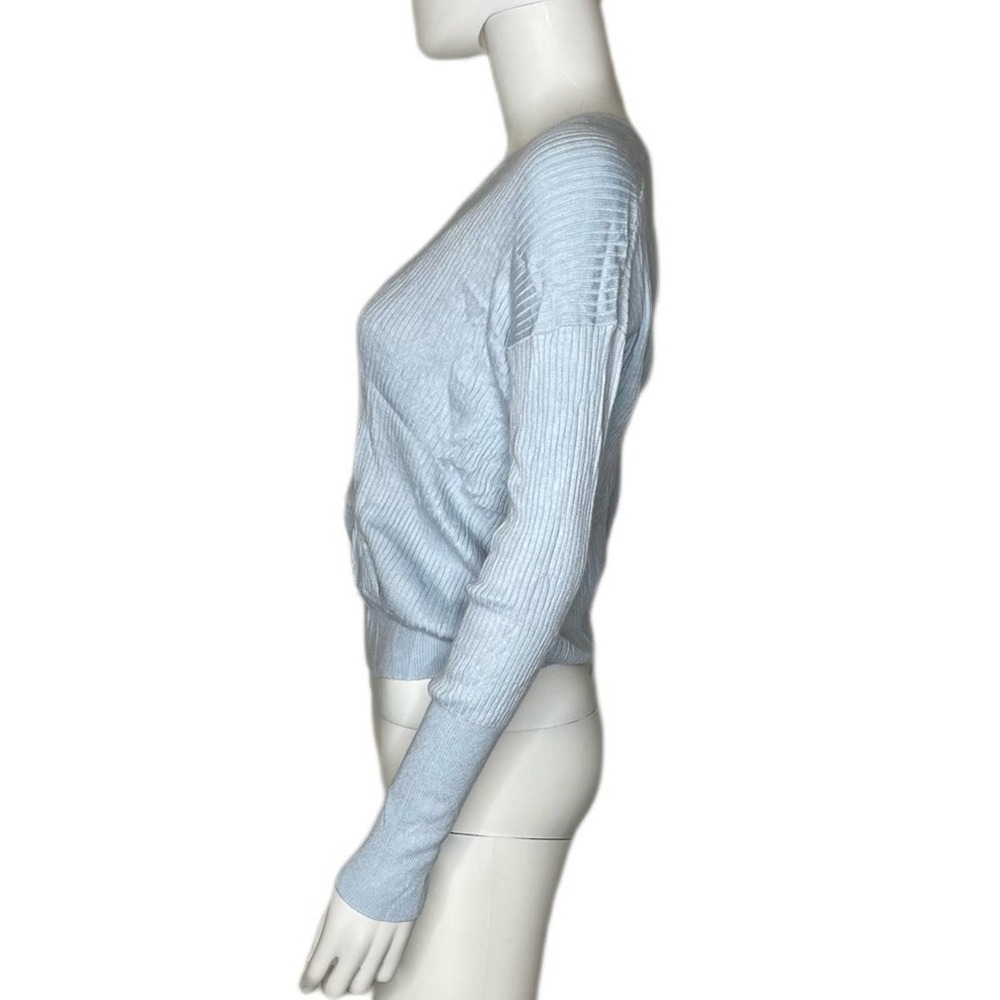 Elodie Women's Light Blue Ribbed Knit Surplice Neck Long Sleeve Pullover Top - Picture 3 of 5